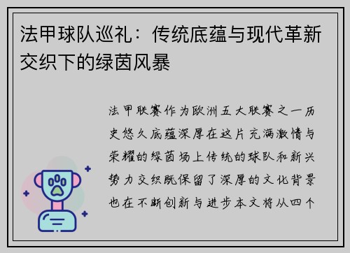 法甲球队巡礼：传统底蕴与现代革新交织下的绿茵风暴