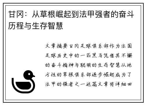 甘冈：从草根崛起到法甲强者的奋斗历程与生存智慧