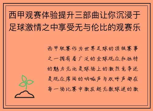 西甲观赛体验提升三部曲让你沉浸于足球激情之中享受无与伦比的观赛乐趣