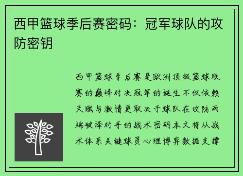 西甲篮球季后赛密码：冠军球队的攻防密钥