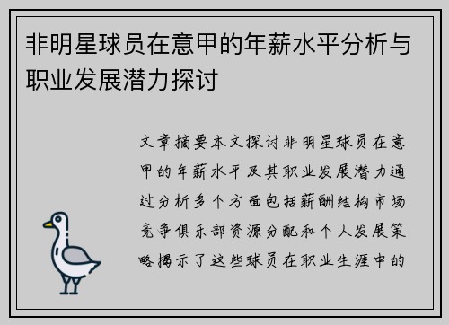 非明星球员在意甲的年薪水平分析与职业发展潜力探讨